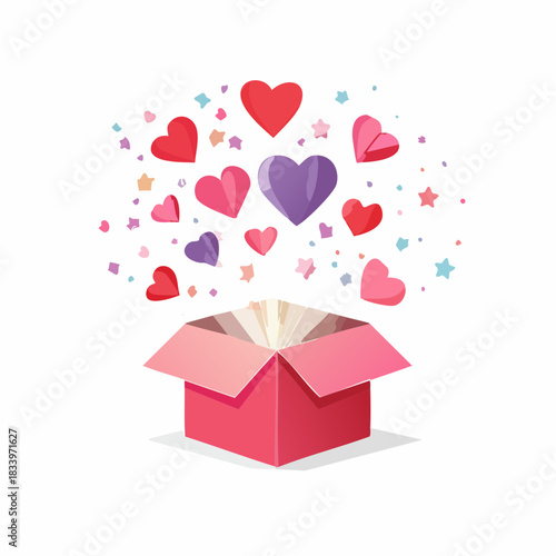 Romantic vector illustration of an open red gift box with glowing light, floating hearts, sparkles, and confetti. Perfect for Valentine’s Day cards, romance themes, love celebration graphics