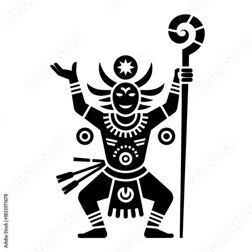 tribal shaman silhouette with staff and spirit animal symbolizing ancient ritual magic and cultural tradition