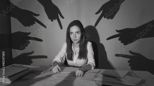 Young woman sitting at a desk surrounded by accusatory finger shadows in a black and white scene