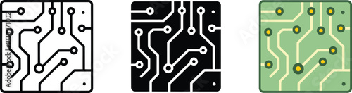 Circuit board icon set in line black silhouette and colorful electronic styles