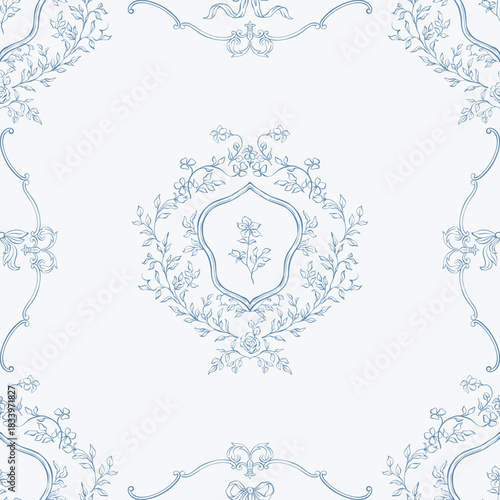 Vintage seamless pattern. Victorian Baroque pattern with hand drawn acanthus leaves and rustic florals. Classic linear background for wedding invitation, wrapping, packaging, fabric, and wallpaper.
