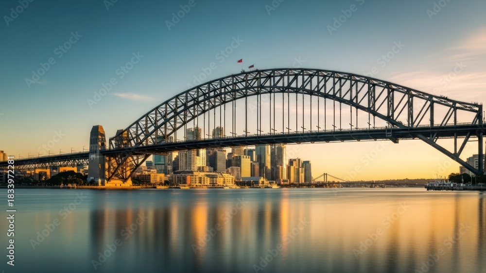 Naklejka premium Iconic steel arch bridge over tranquil water reflecting a sunlit city skyline