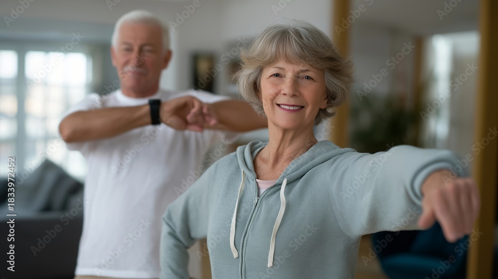 Obraz premium A senior couple starting their morning with gentle stretching in a sunlit living room, smartwatches tracking heart rate and breathing — active aging, daily mobility routines, and
