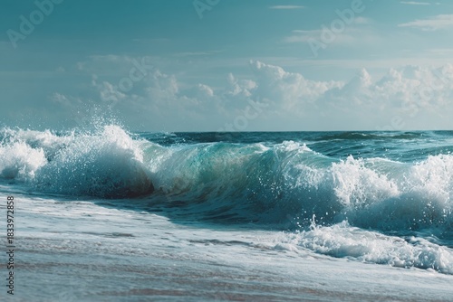 Waves of the Ocean Breaking Gently on a Sandy Shore With White Foam