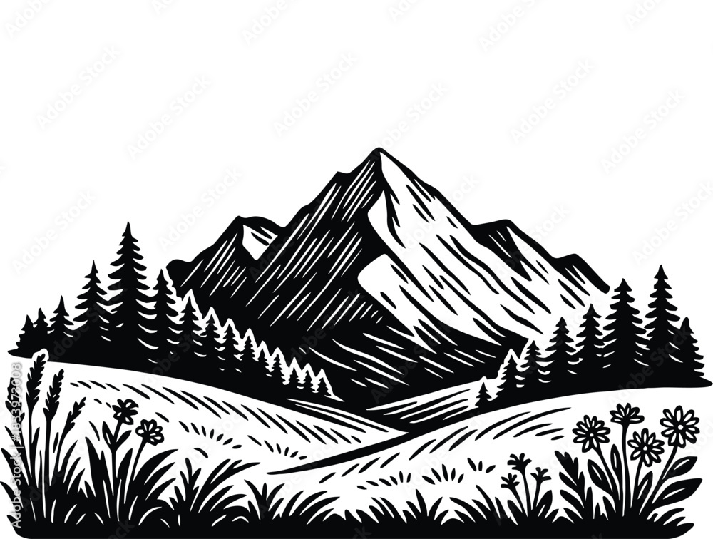 Fototapeta premium Hand-drawn large mountain landscape illustration