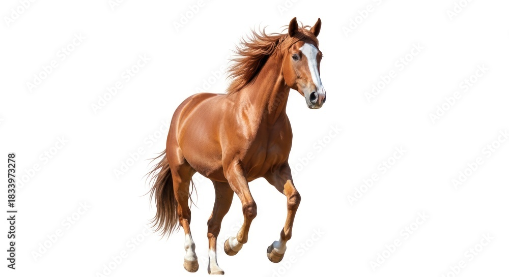 Obraz premium Majestic brown horse with flowing mane and tail, white face and socks, running gracefully