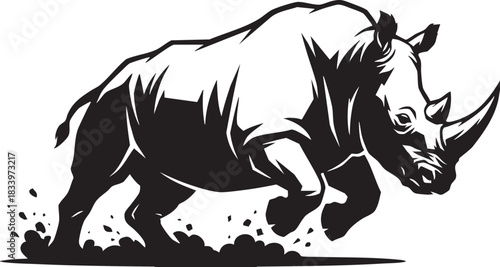 Charging Rhinoceros Black and White Vector Illustration, Aggressive Rhino Line Art, Generative AI Content