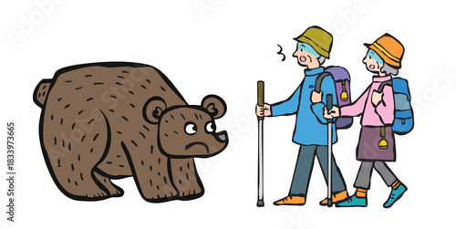 登山中にクマに遭遇した男女（シニア）　熊　くま