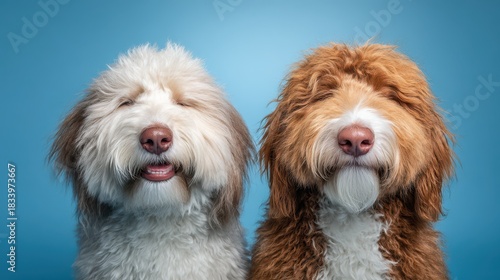 Pair of dogs smiling on a blue banner background