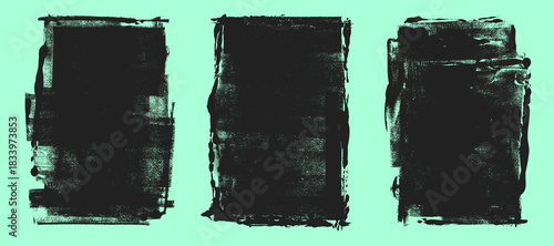 Linocut, relief printing, letterpress uneven rectangle A4 shapes rough textures set, collection. Black textured backgrounds, text frames. Paint roller geometric stains, lino ink grungy remains
