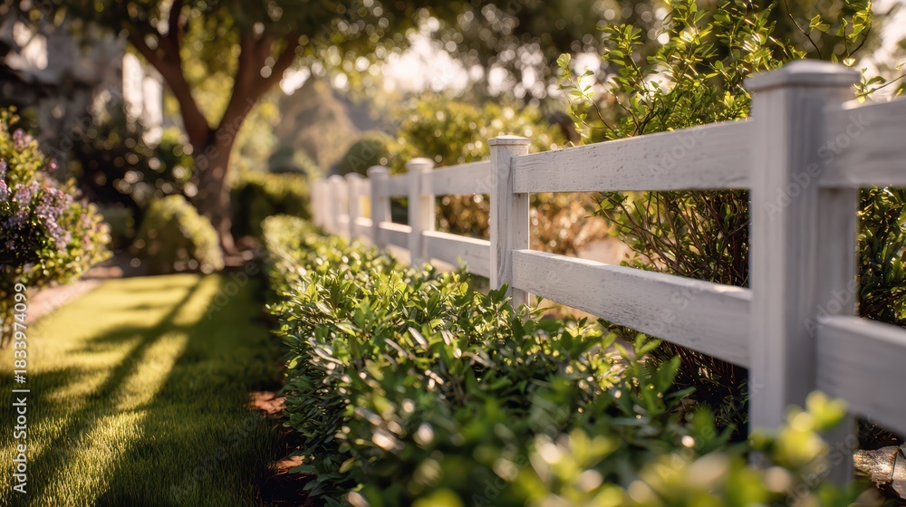 Fototapeta premium Pastoral scene: crisp white fence and thriving hedges under warm daylight
