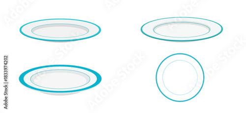 Four different perspectives of a white plate with a blue rim, isolated on a white background.