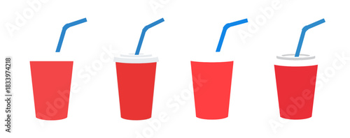 Four red soda cups with blue straws on a white background.