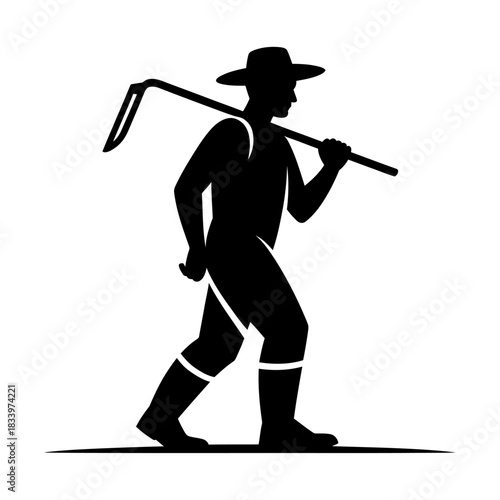 black silhouette farmer walking with hoe tool traditional agriculture rural work vector illustration