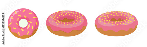 A set of three delicious donuts with pink frosting and yellow sprinkles, illustrated from different angles on a white background.