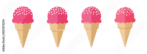 Four pink ice cream cones with white sprinkles on top, presented in a row against a white background.