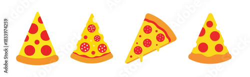Four cartoon-style slices of pepperoni pizza with melted cheese, featuring various shapes and a classic red and yellow color scheme on a white background.