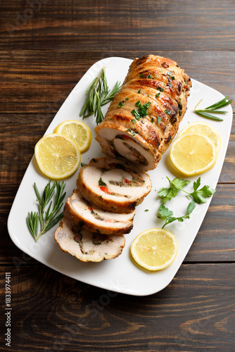 Stuffed pork tenderloin loaded with fried mushrooms, onion, red bell pepper, spinach