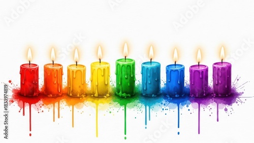 Nine lit candles in rainbow colors, dripping vibrant wax and paint splatters below