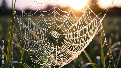 Spiderweb adorned with morning dew drops glistening in the golden sunrise light.
