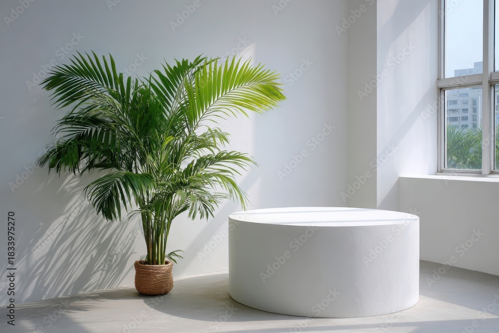 Fototapeta premium Modern minimalist interior with a large green palm plant and a white cylindrical pedestal