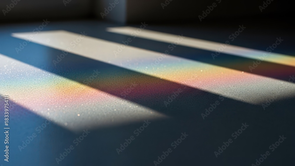 Fototapeta premium Parallel rainbow light streaks illuminate a dusty floor from an unseen source, creating a vibrant effect