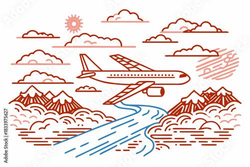 Airplane flying over mountains and river