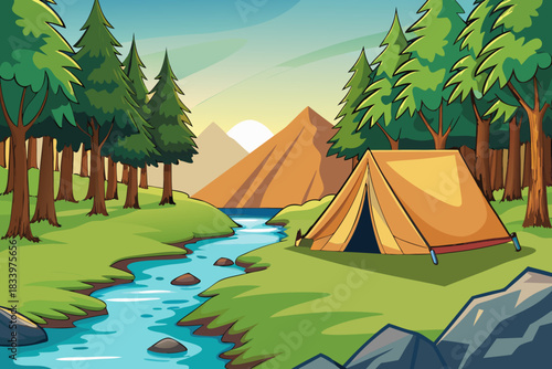 Tent camping by river in forest with mountains