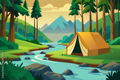 Tent camping by river in forest