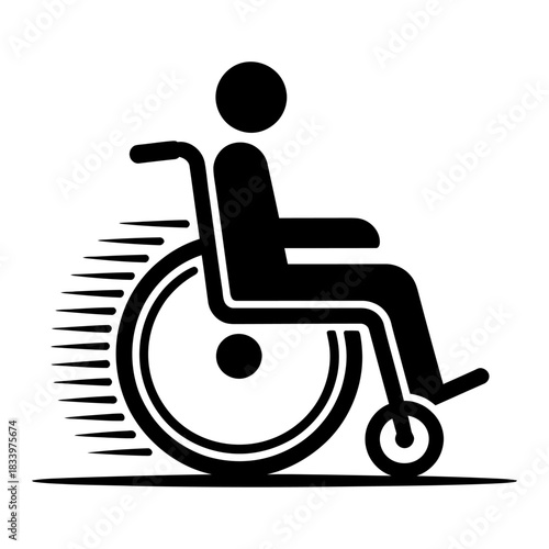 silhouette of person in wheelchair moving forward with dynamic speed lines for accessibility mobility concept