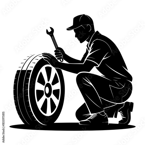 silhouette of mechanic kneeling to repair car wheel with wrench in automotive service vector illustration
