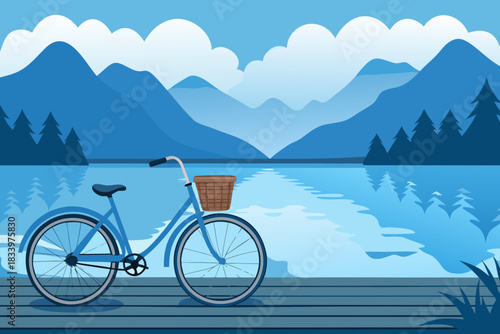 Bicycle on a wooden pier overlooking a lake and mountains