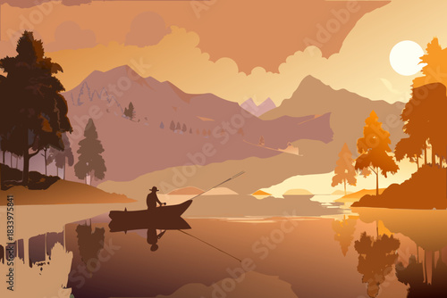 Fisherman in a boat at sunset
