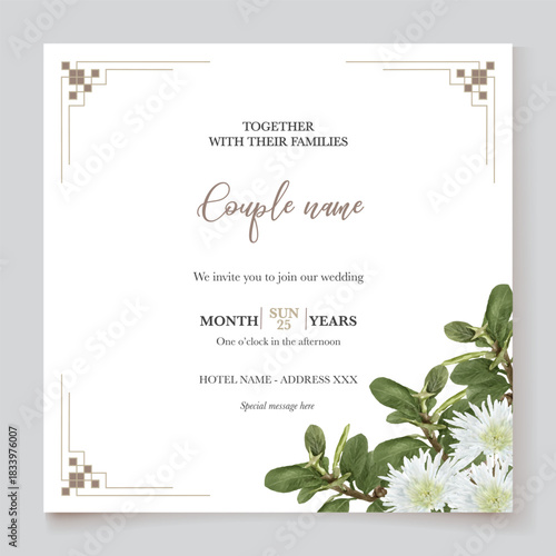 WEDDING INVITATION FRAME WITH FLOWER DECORATIONS AND FRESH LEAVES