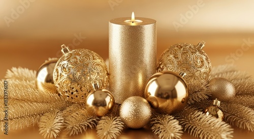 Golden Christmas decoration still life with shiny ornaments, burning candle light, and holiday season decor