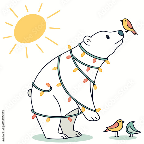 Delightful Surprised Polar bear in a Morning sunshine scene with wrapped in fairy lights – Sunny Mornings vector illustration