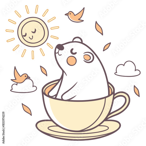 Grumpy expression on a Polar bear in a Morning sunshine theme, with in a teacup – Sunny Mornings vector art