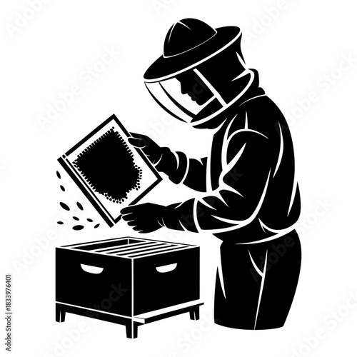 black silhouette beekeeper inspecting honeycomb frame vector illustration