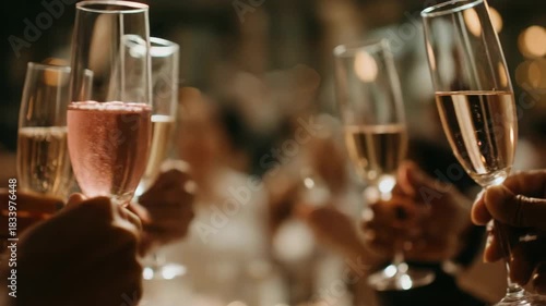 Group of people clinking champagne glasses together