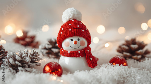   snowman with a bright red knit hat