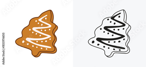 Set of sweet gingerbread tree cookie shape, including a colored version and a black outline drawing. Great for seasonal designs, baked goods, holiday treats, dessert recipes, and winter graphics. 