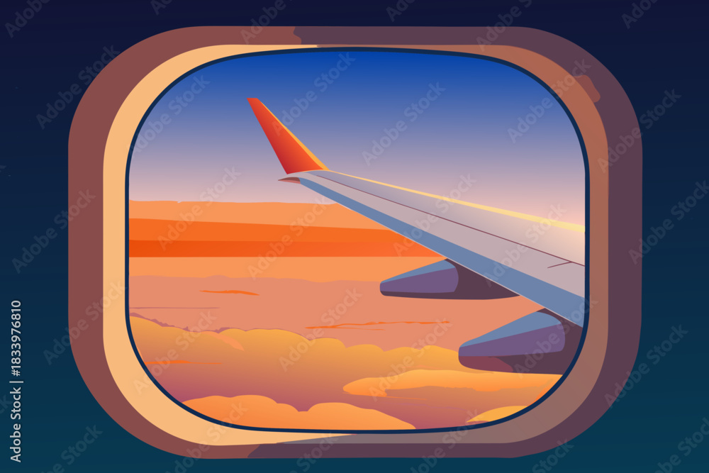 Fototapeta premium Airplane wing over clouds at sunset