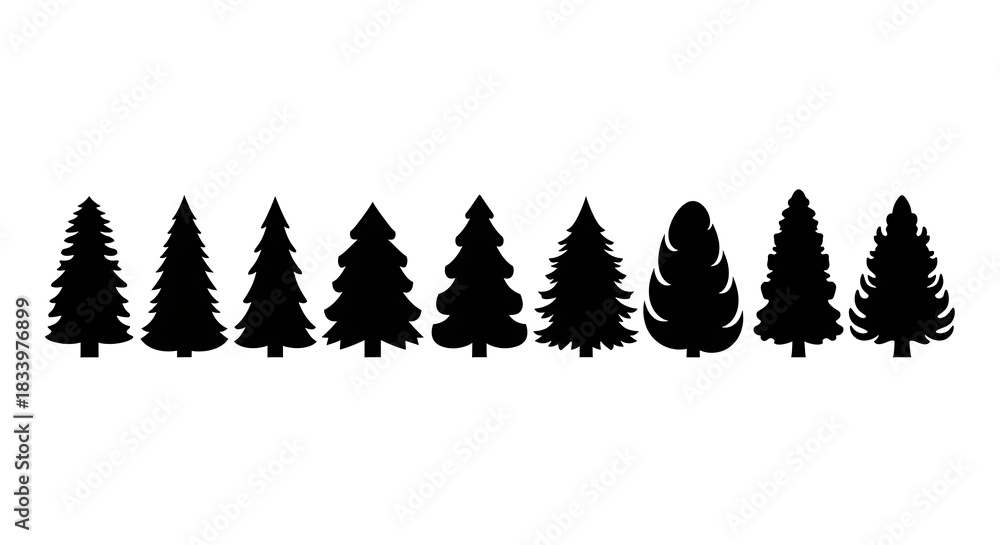 Fototapeta premium Silhouette Set of Various Trees Fir, Pine, Spruce, Conifer, Evergreen, Forest