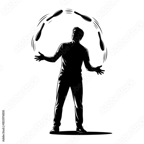 silhouette of street performer juggling clubs with dynamic motion arcs for entertainment vector illustration