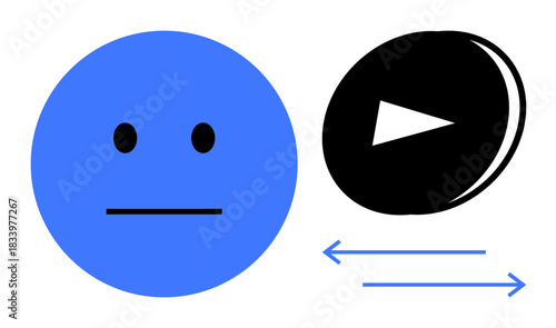 Emotion analysis, media interaction, decision-making, technology interfaces, user experience, digital engagement. Blue neutral face with a black play button and arrows. Emotion analysis and media
