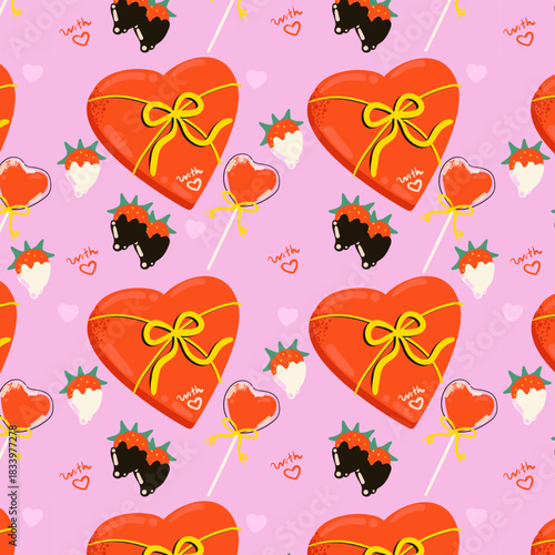 Seamless pattern heart shaped gift box, lollipop, dipped strawberry for Valentines day.  Flat vector pattern.