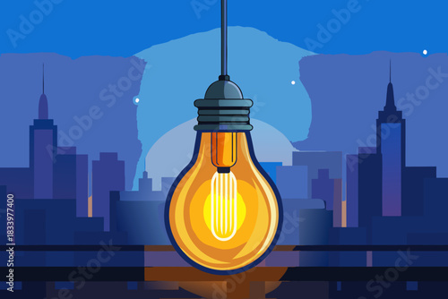 Light bulb over cityscape at night