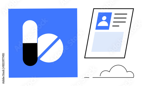Medicine theme. Medicine pills and a patient information card health treatment, pharmaceutical support, and data management. Medicine for healthcare, patient resources, medical records, pharmacology