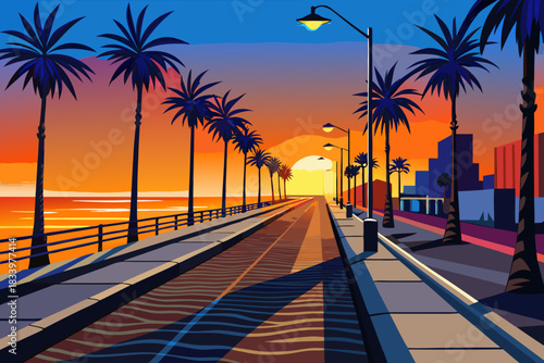 Palm trees on boardwalk at sunset