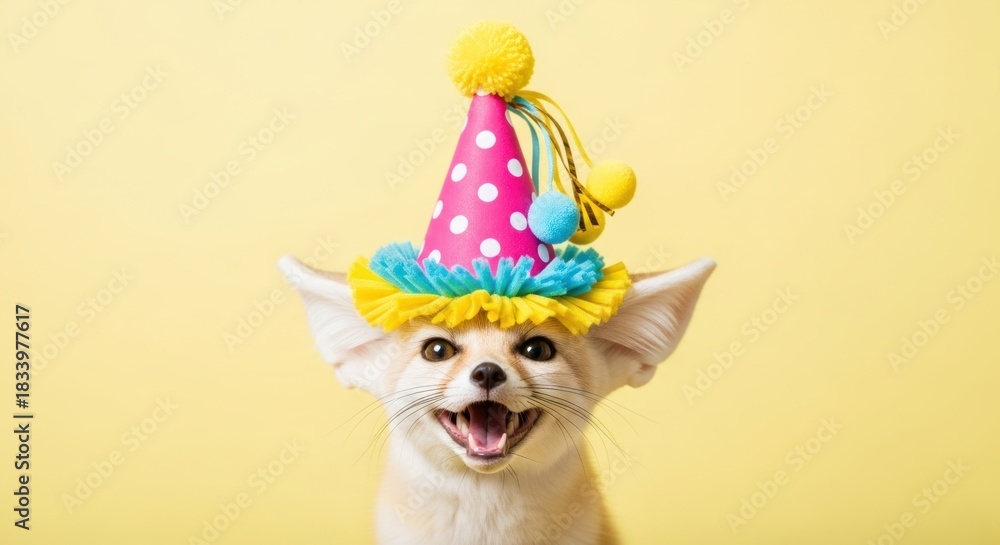 Naklejka premium Smiling fennec fox with large ears wearing a colorful party hat on a yellow background